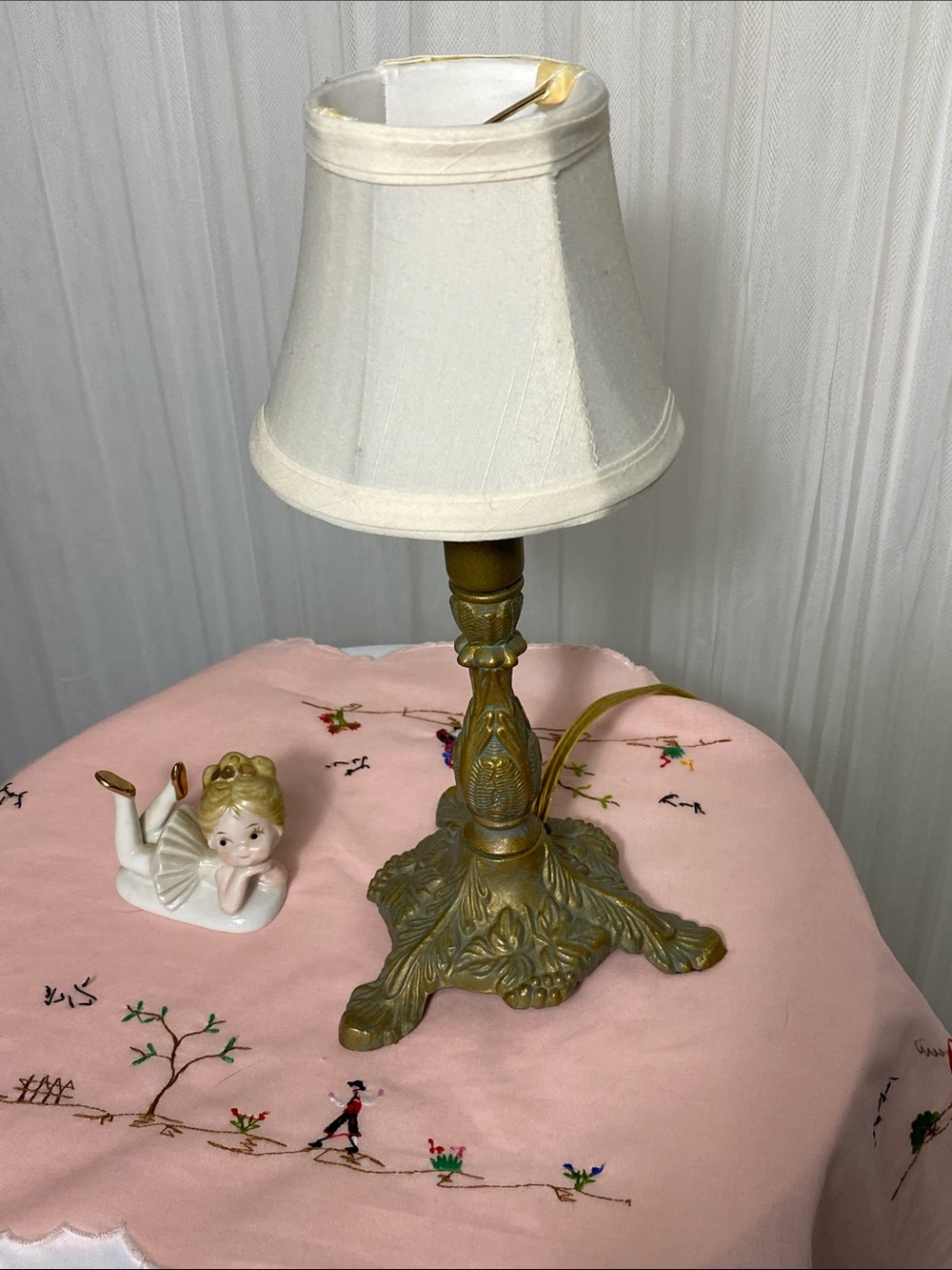 Vintage Art Nouveau Style Brass Table Lamp with White Shade - Home Accent